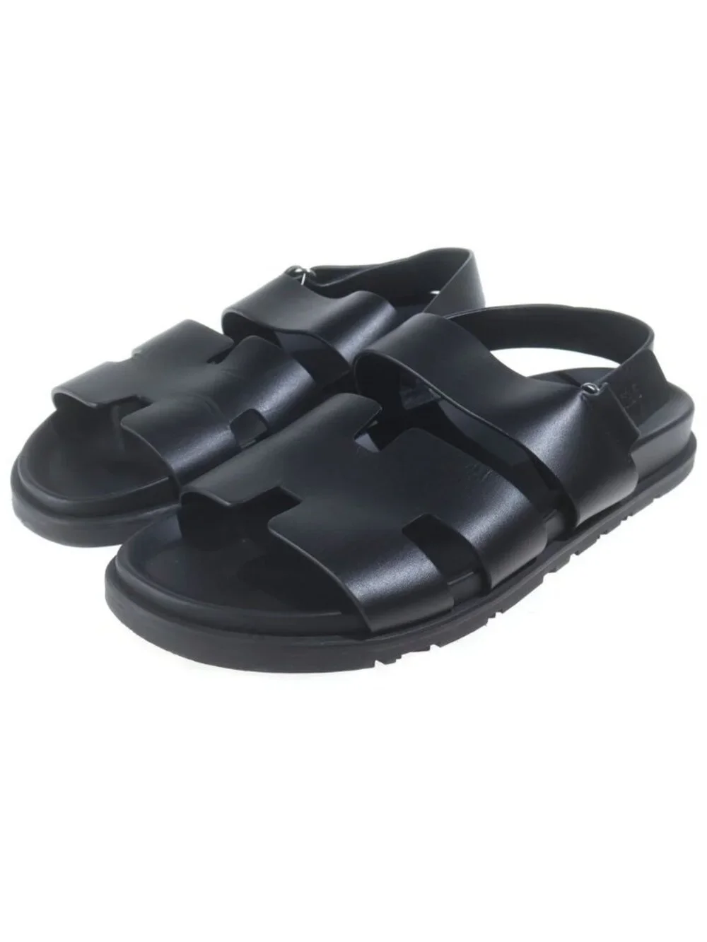 Hermes Genius Leather Sandals Shoes Calfskin Rubber Sole Back Strap Black